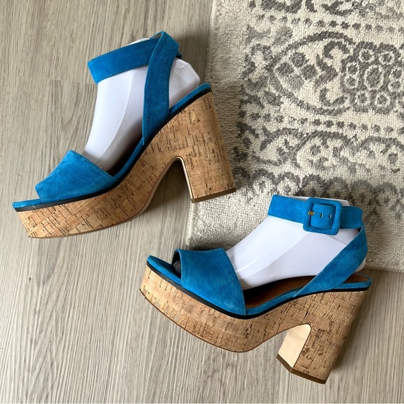 Anthropologie Franco Sarto Franny Platform Sandals‎ 9.5 Blue Cork Chunky Heels - Picture 2 of 11